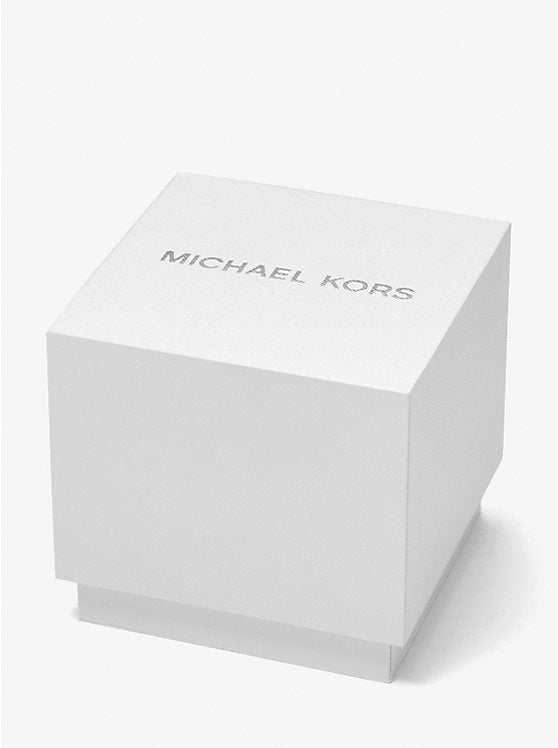 Michael Kors MK7395 in official presentation box – green dial gold-tone watch with pavé crystal bezel – luxury packaging by HEY WATCH.