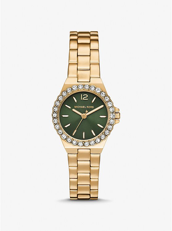Michael Kors MK7395 front view – women's gold-tone watch with green sunray dial and pavé crystal bezel – Mini Lennox collection by HEY WATCH.