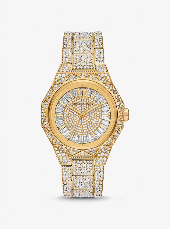 Michael Kors MK7398 front view – women’s oversized gold-tone watch with crystal-paved dial and elegant round case – Raquel Pavé collection at HEY WATCH.