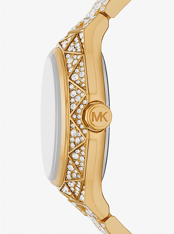 Michael Kors MK7398 side view – gold-tone stainless steel case with faceted bezel and slim profile – luxury quartz women’s watch at HEY WATCH.
