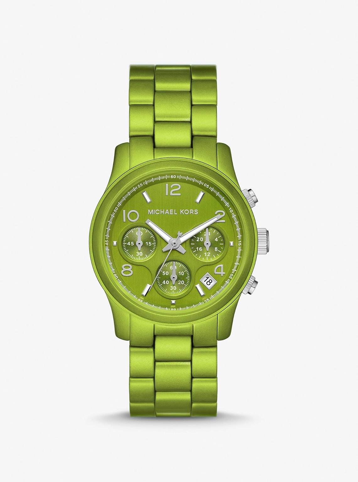 Michael Kors MK7480LE front view – women’s limited edition chronograph watch with green-tone case and dial – bold fashion timepiece by HEY WATCH.