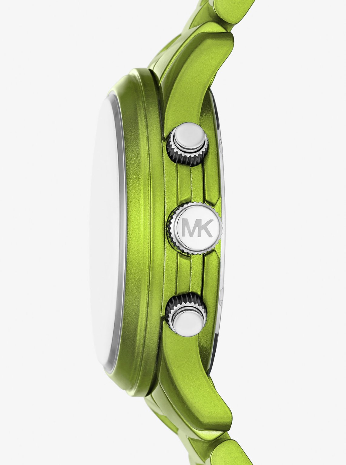 Michael Kors MK7480LE side view – sleek green-tone stainless steel profile with pushers and quartz chronograph crown – stylish women's watch by HEY WATCH.