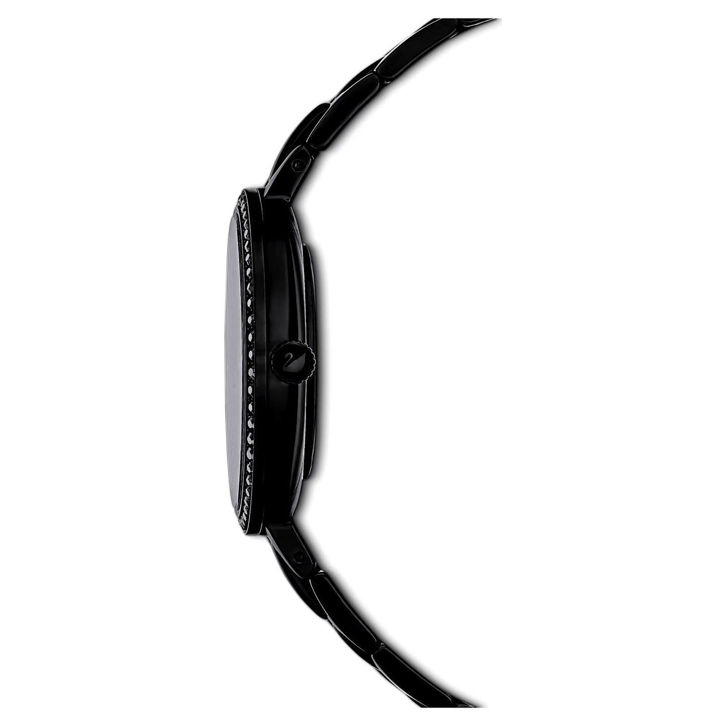 Swarovski Cosmopolitan watch side profile – slim case with gold-tone crown and crystal-set bezel – Swiss craftsmanship presented by HEY WATCH.