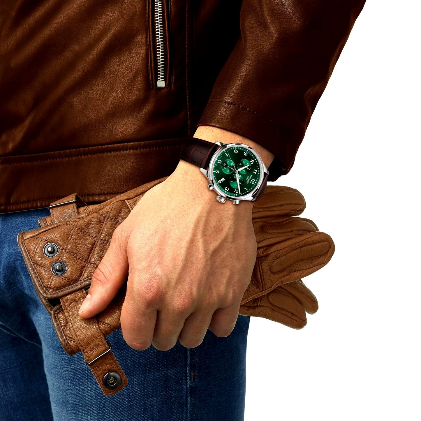 Tissot Chrono XL on wrist – men’s green dial chronograph with brown leather strap worn with casual style – bold Swiss timepiece by HEY WATCH.