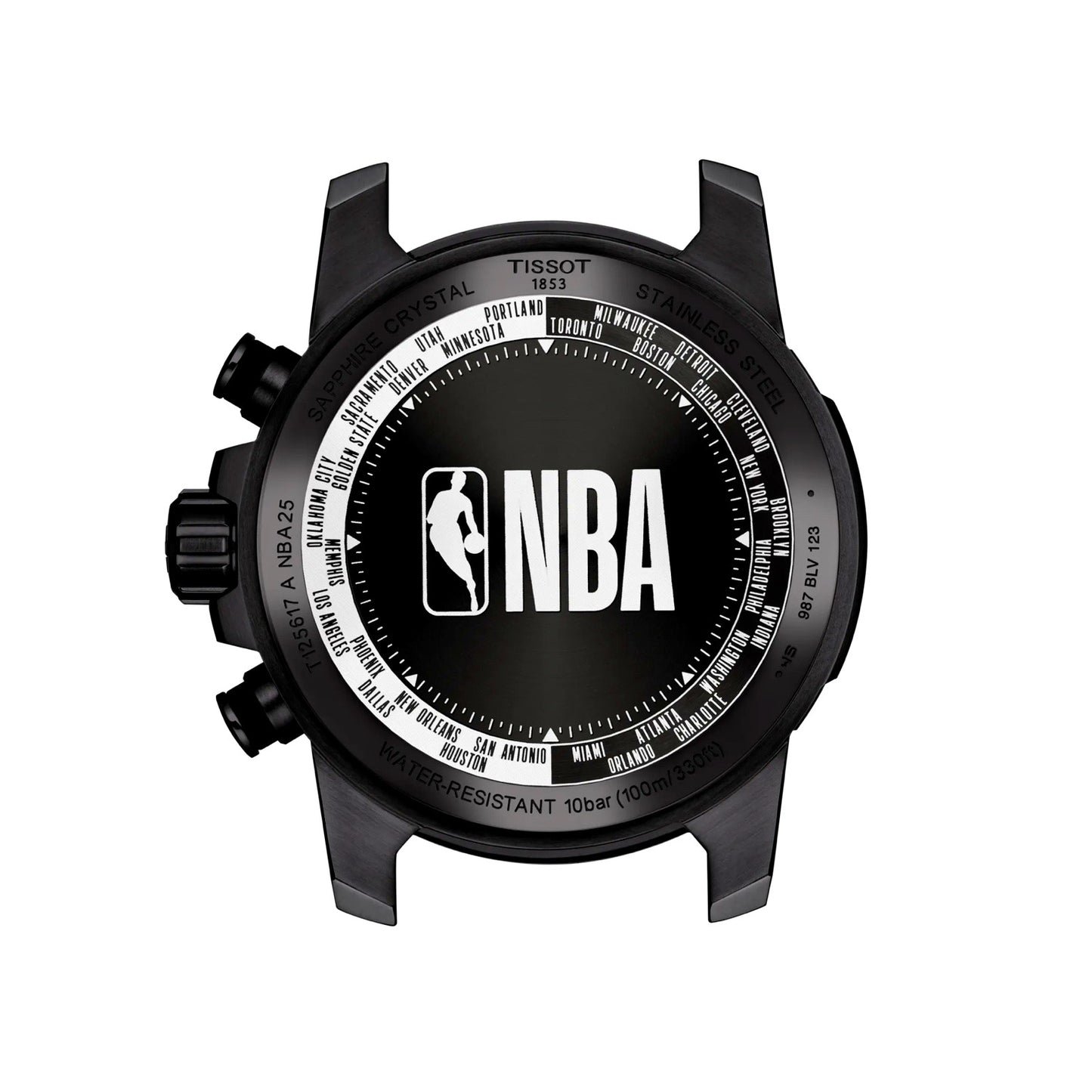 Tissot Chrono XL NBA Special Edition back view – engraved stainless steel caseback with NBA logo – official Swiss-made men’s watch by HEY WATCH.
