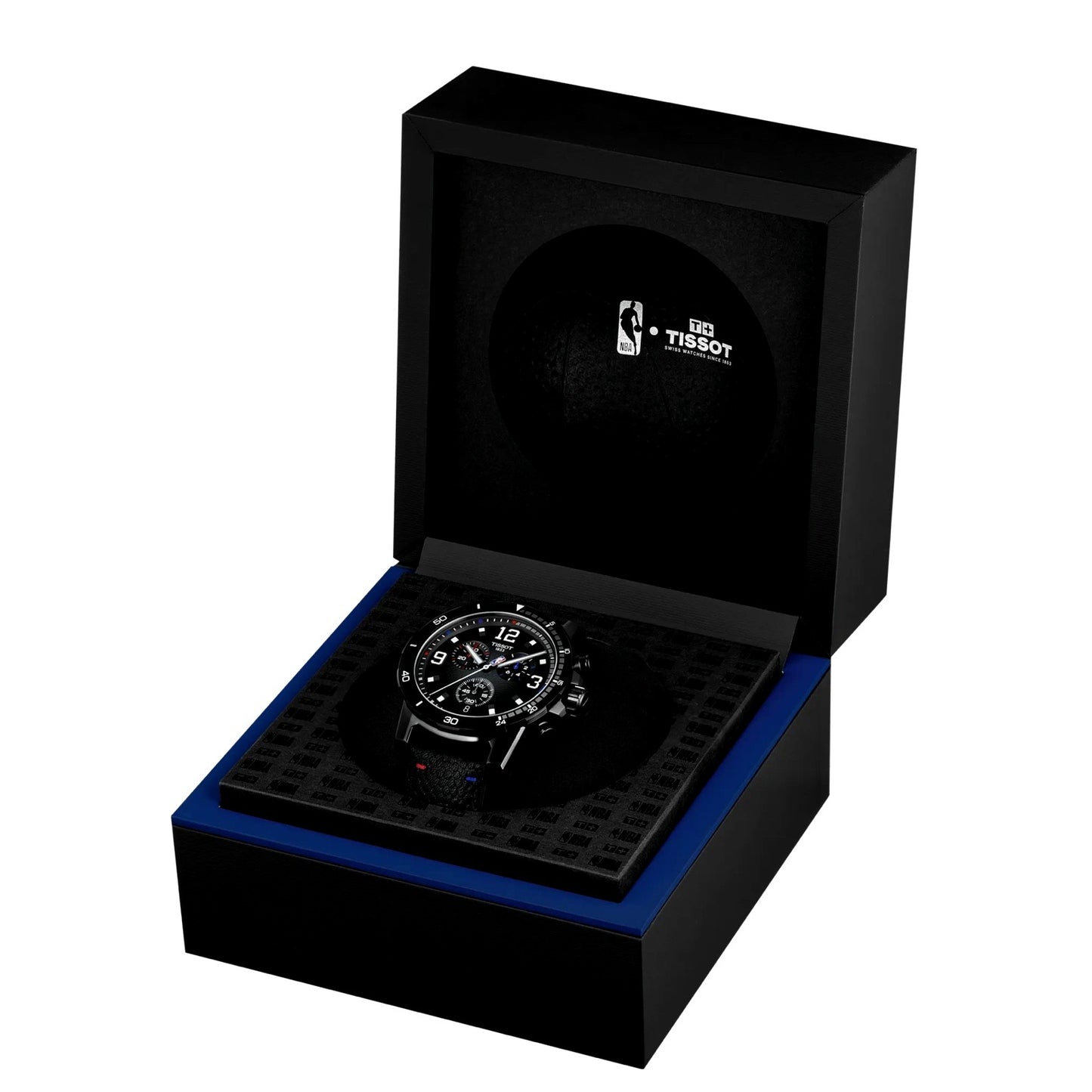 Tissot Chrono XL NBA Special Edition packaging – official Tissot box open with NBA Special Edition watch displayed – premium Swiss gift set by HEY WATCH.