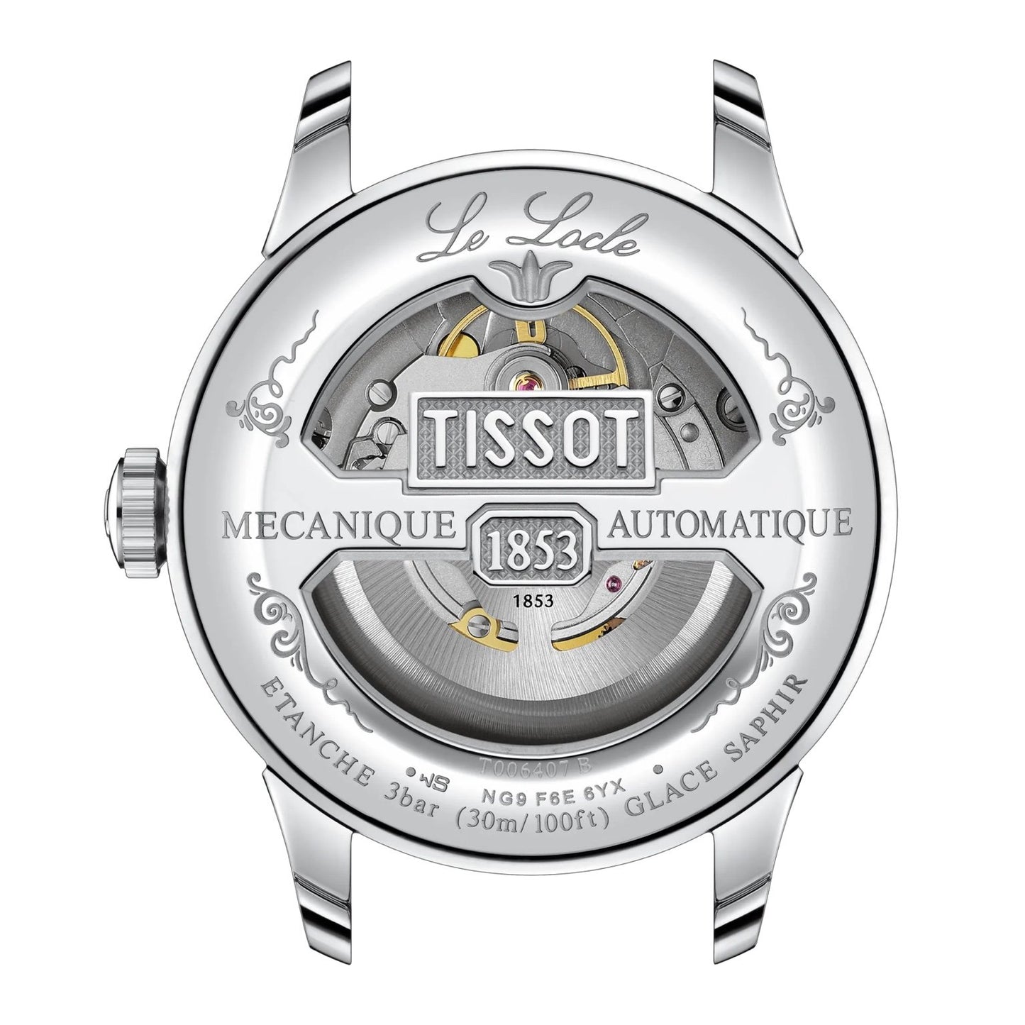Tissot Le Locle Powermatic 80 back view – transparent caseback revealing Powermatic 80 automatic movement – Swiss precision timepiece by HEY WATCH.
