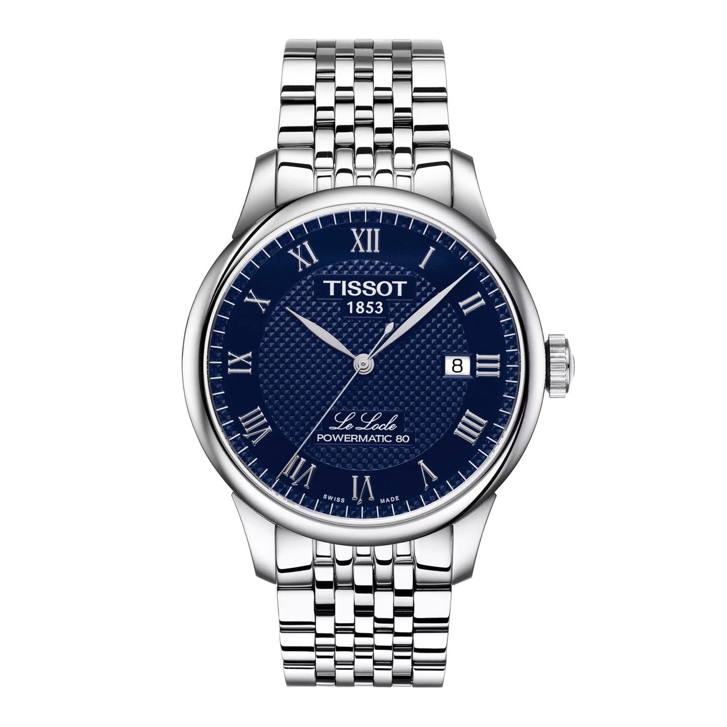 Tissot Le Locle Powermatic 80 front view – men's Swiss automatic watch with blue Roman dial and stainless steel bracelet – timeless elegance by HEY WATCH.