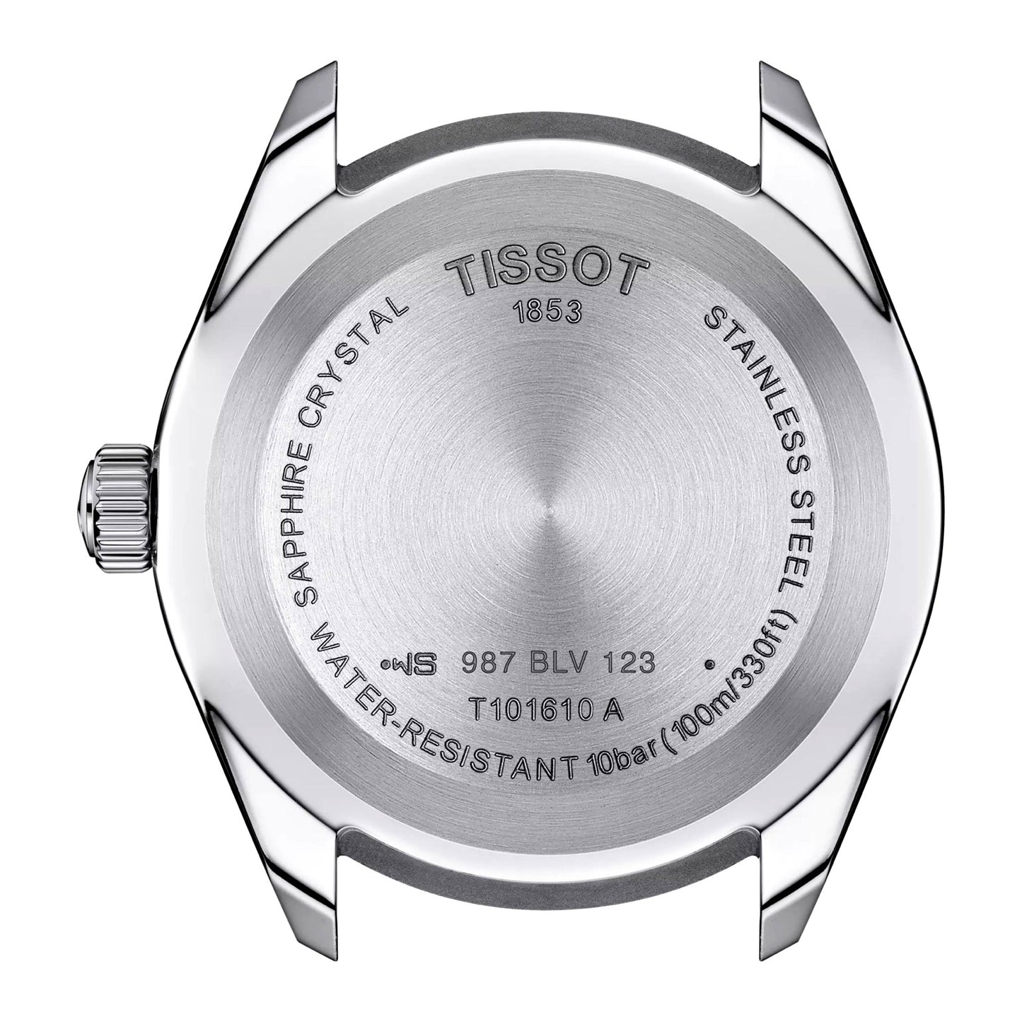 Tissot PR100 chronograph back view – solid stainless steel caseback with engraved details – durable and elegant Swiss men’s watch by HEY WATCH.