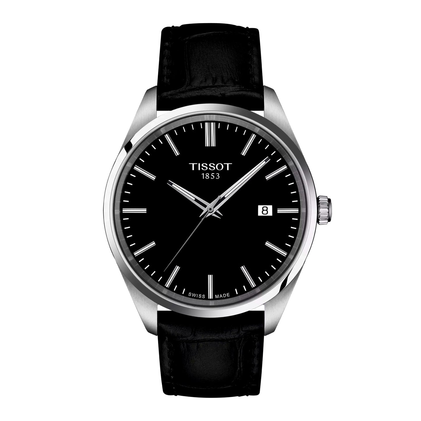Tissot PR100 men's chronograph front view – Swiss Made stainless steel watch with black dial and silver-tone sub-dials – classic sporty style by HEY WATCH.