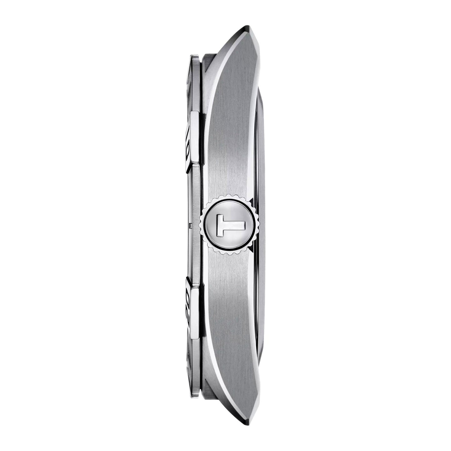 Tissot PR100 side view – slim stainless steel case profile with polished chronograph pushers – Swiss quartz men’s sports watch by HEY WATCH.