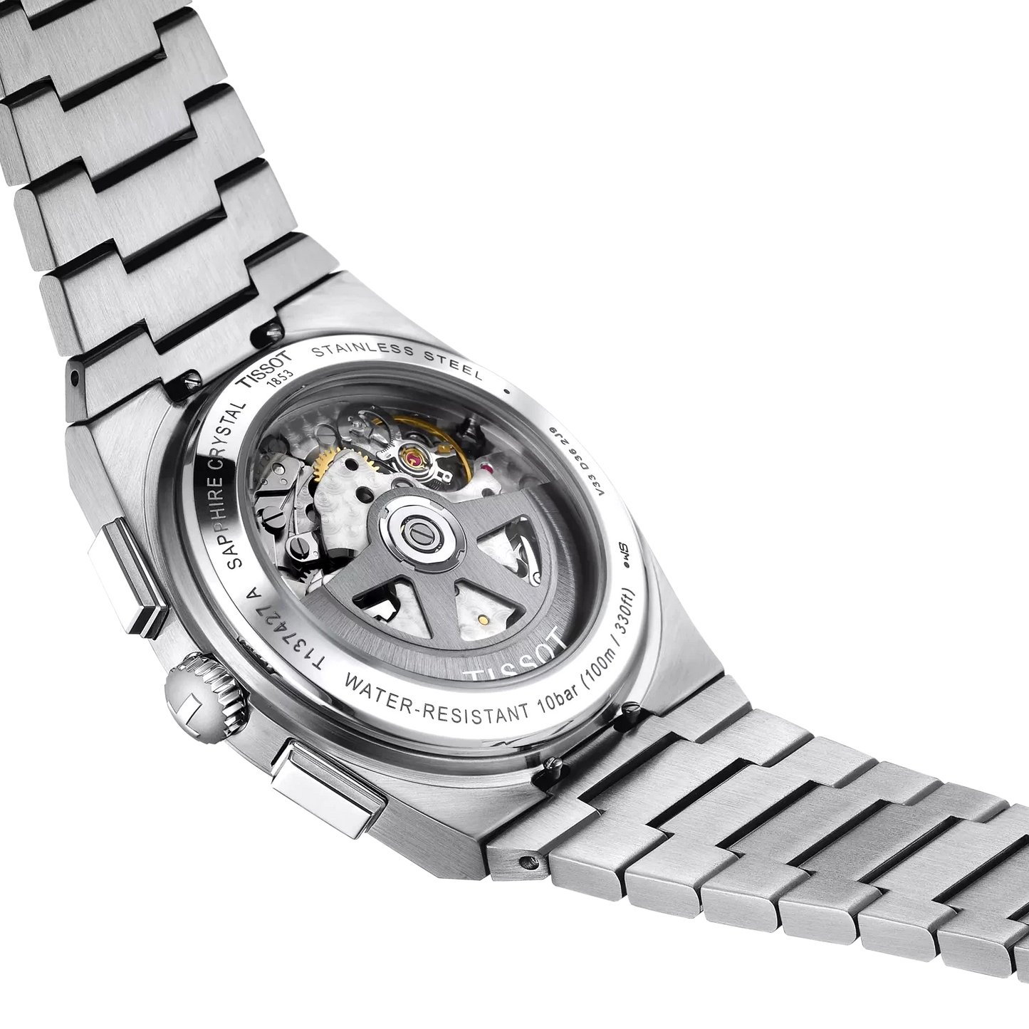 Tissot PRX Automatic Chronograph back view – exhibition caseback revealing Valjoux A05.H31 movement – precision Swiss engineering by HEY WATCH.