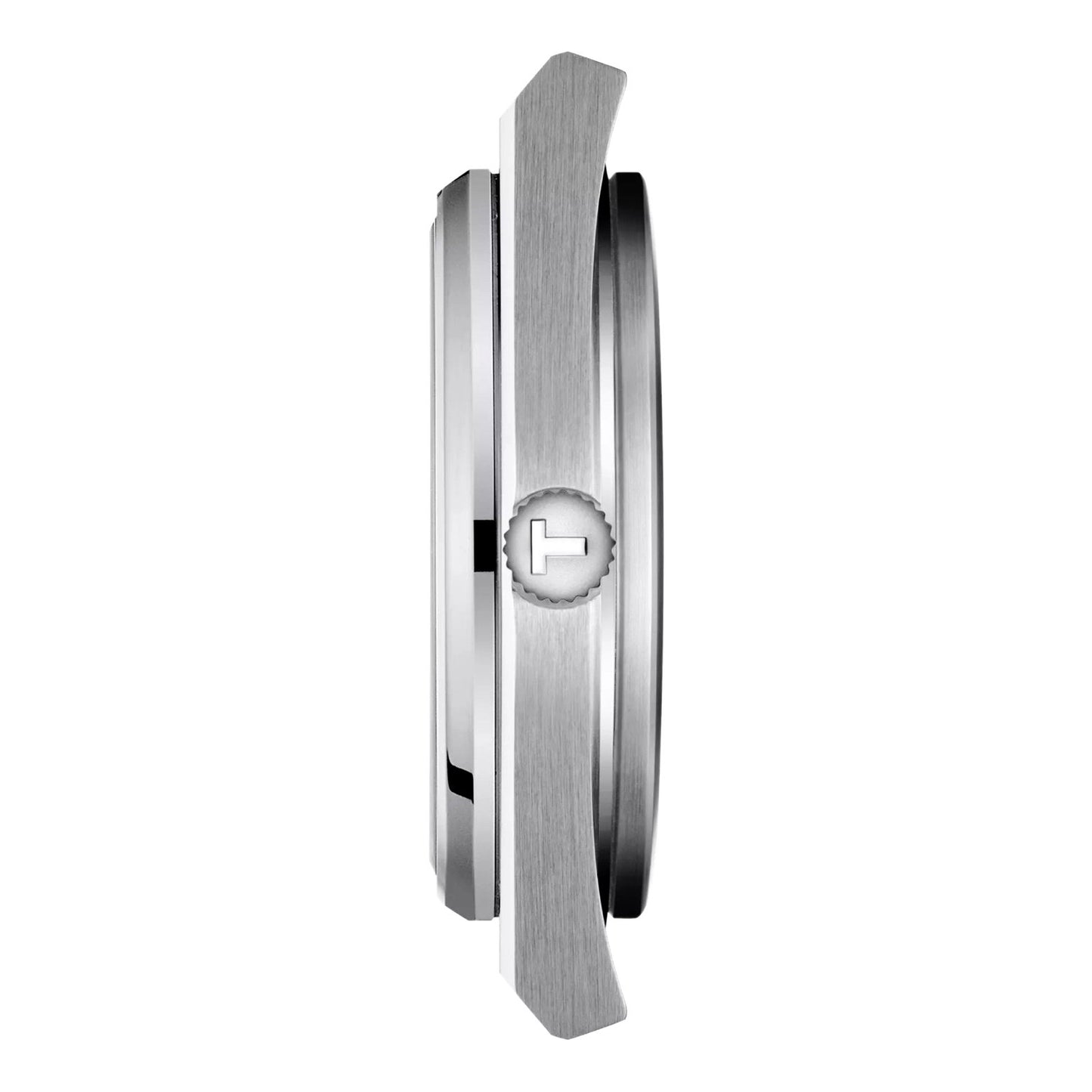 Tissot PRX Powermatic 80 side view – sleek stainless steel profile with brushed finish and mint green dial – modern Swiss timepiece by HEY WATCH.