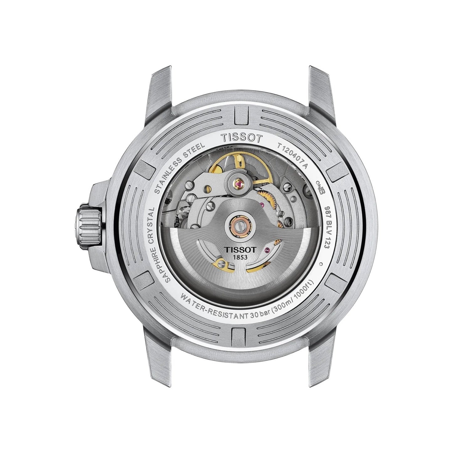 Tissot Seastar 1000 back view – engraved stainless steel screw-down caseback showing diving specifications – Swiss automatic watch by HEY WATCH.