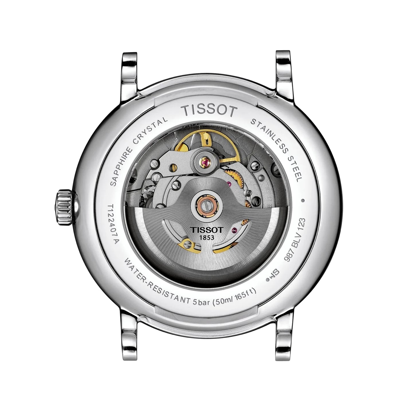 Tissot Tradition Powermatic 80 back view – transparent caseback showing Powermatic 80 movement – refined Swiss craftsmanship – HEY WATCH.