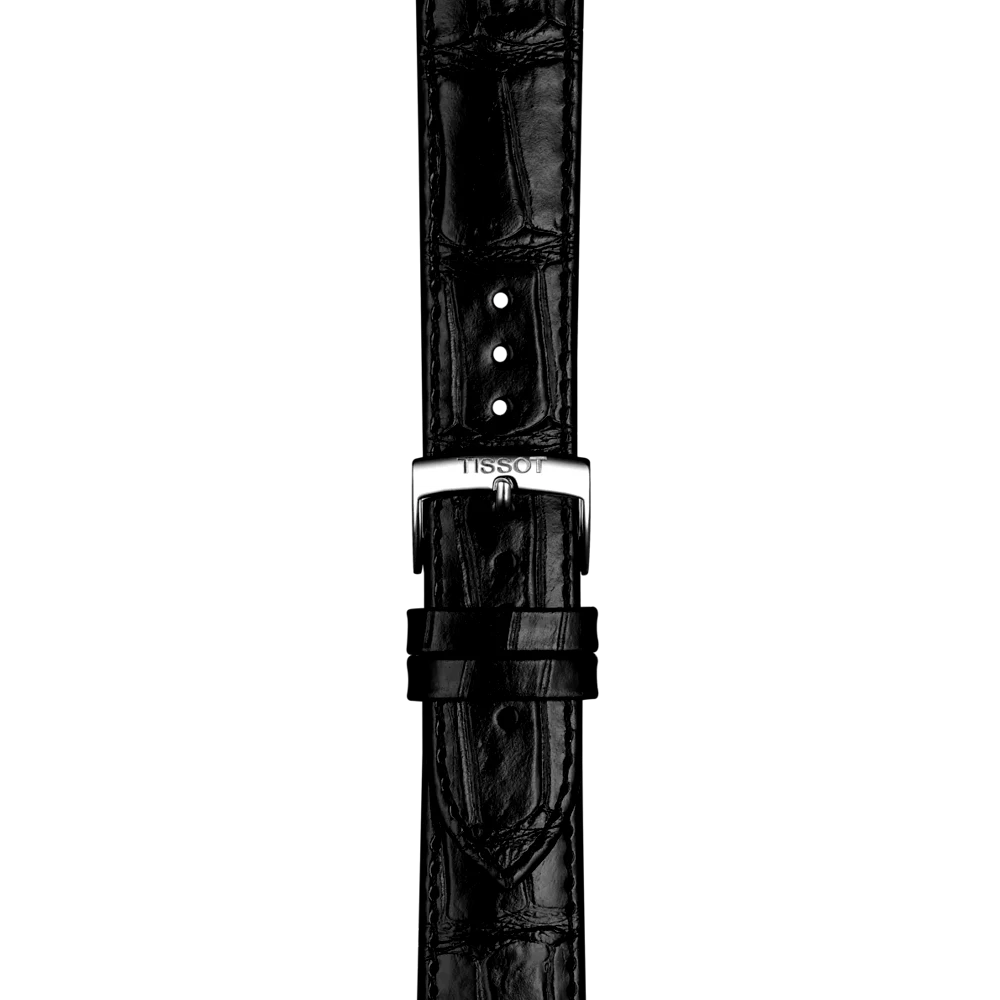 Tissot Tradition Powermatic 80 clasp view – black leather strap with polished stainless steel pin buckle – classic comfort by HEY WATCH.
