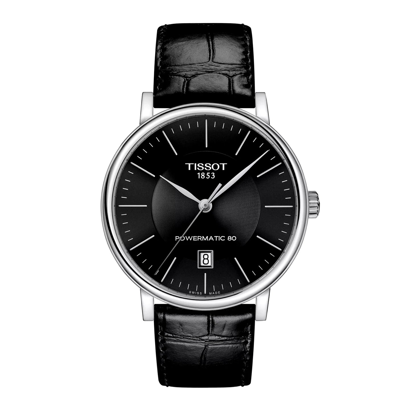 Tissot Tradition Powermatic 80 front view – men’s Swiss automatic watch with black dial and classic black leather strap – timeless elegance by HEY WATCH.