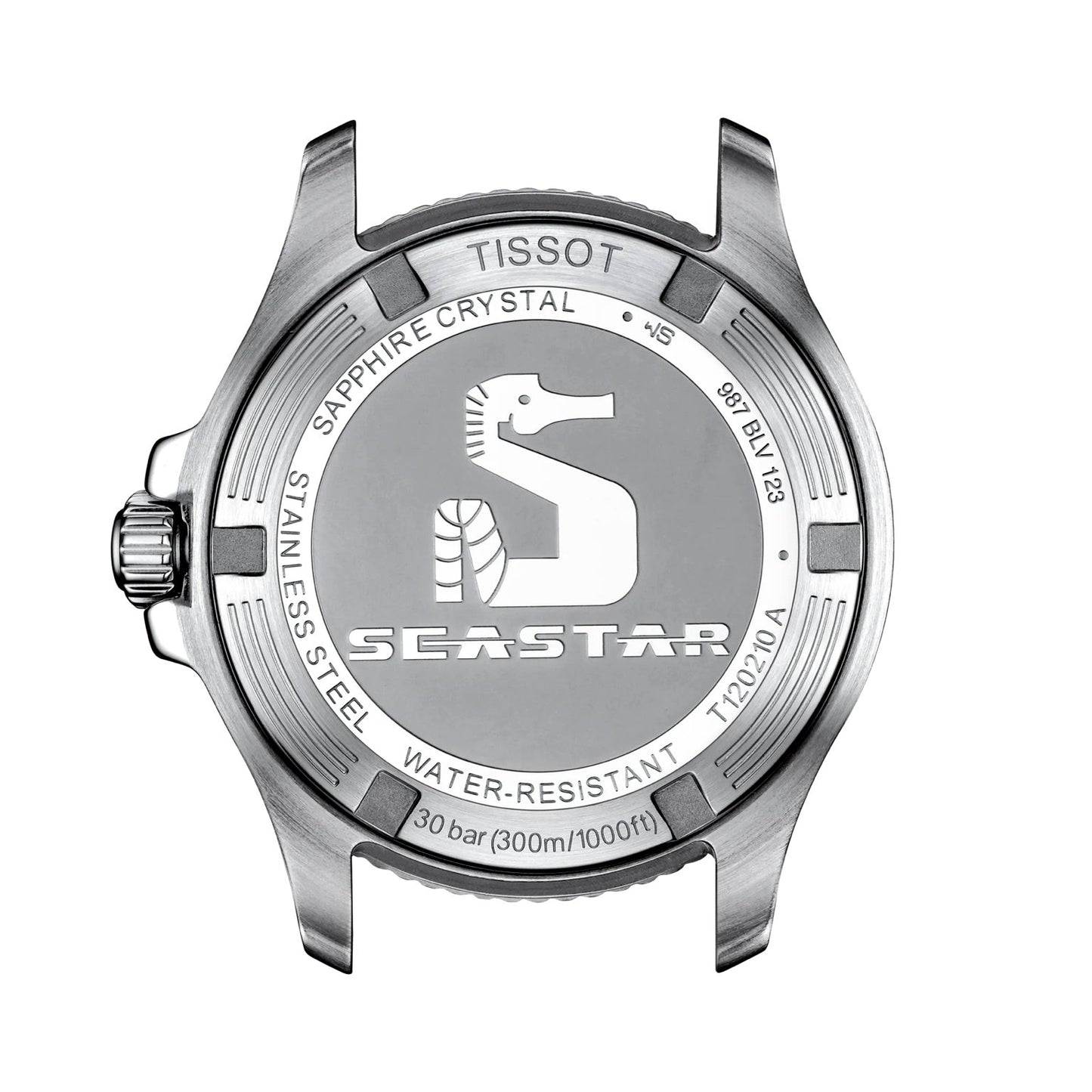 Tissot Seastar 36mm women’s dive watch back view – engraved stainless steel caseback with diving specifications – Swiss Made elegance by HEY WATCH.