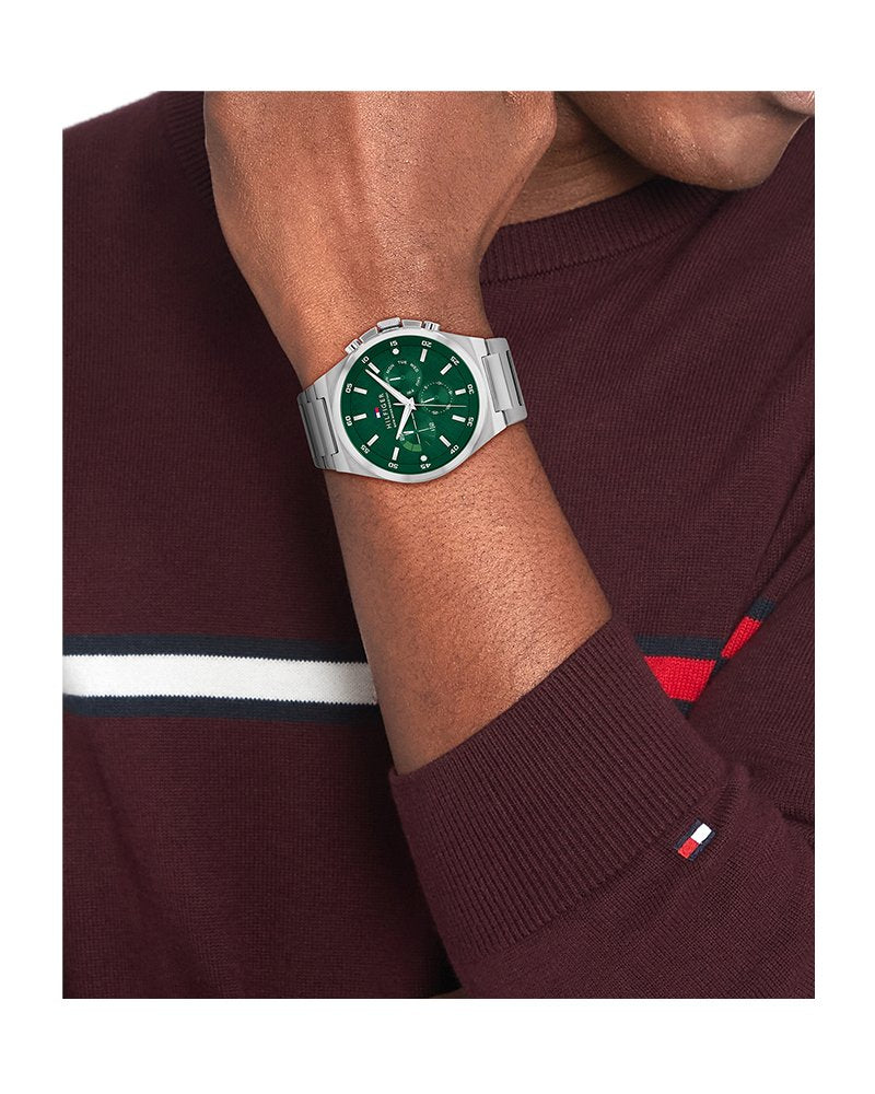 Tommy Hilfiger 1792088 on wrist – men’s green dial stainless steel watch worn with style – Dexter collection by HEY WATCH.