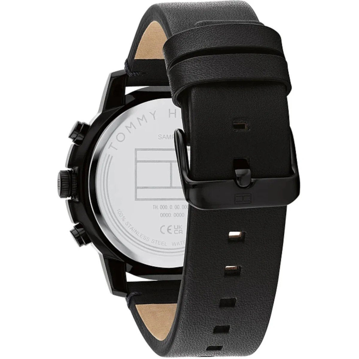 Tommy Hilfiger 1792110 back view – engraved black stainless steel caseback and black leather strap – durable men’s timepiece by HEY WATCH.