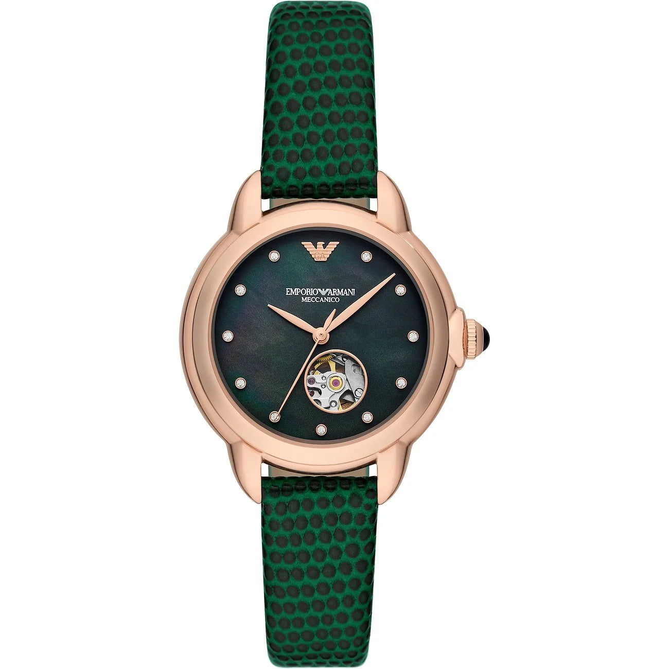 Emporio Armani AR60073 women’s watch front view – black mother-of-pearl dial with open-heart design, rose gold-tone stainless steel case, and green leather strap – elegant design by HEY WATCH.