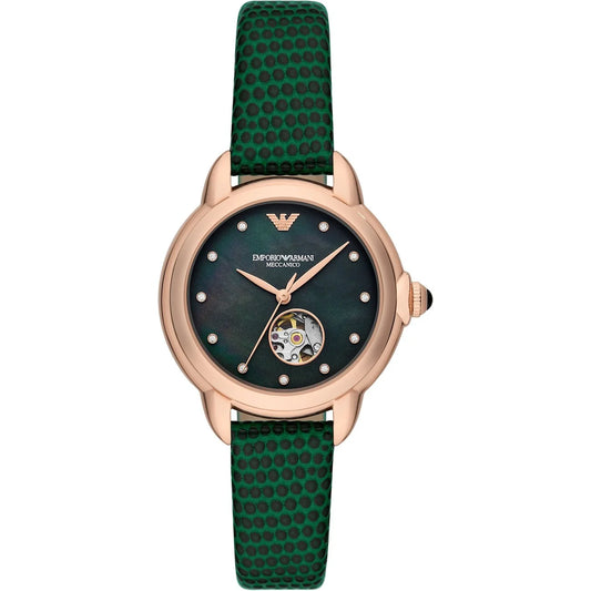 Emporio Armani AR60073 women’s watch front view – black mother-of-pearl dial with open-heart design, rose gold-tone stainless steel case, and green leather strap – elegant design by HEY WATCH.