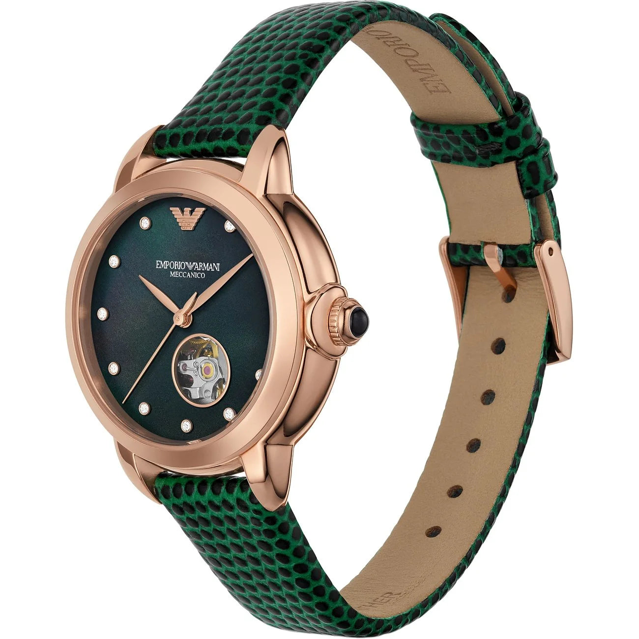 Emporio Armani AR60073 angled view – polished rose gold-tone case highlighting the black mother-of-pearl dial with open-heart feature – sophisticated style from HEY WATCH.