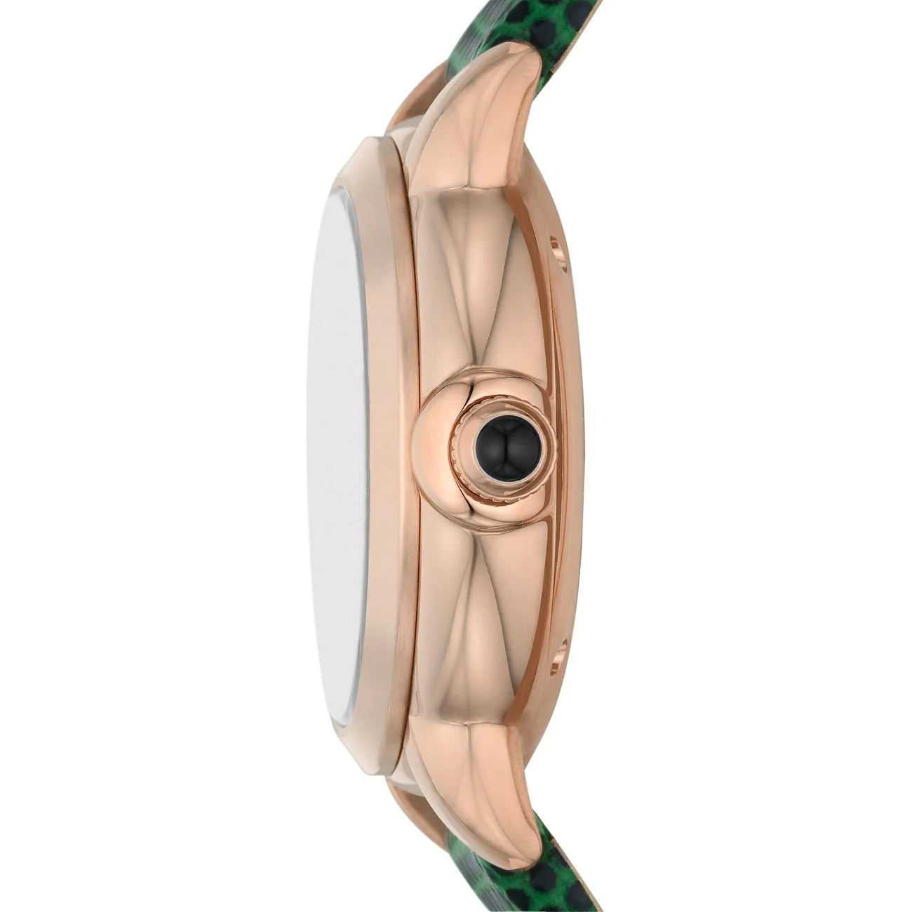 Emporio Armani AR60073 side profile – slim 34mm rose gold-tone stainless steel case with textured crown – refined women’s timepiece available at HEY WATCH.