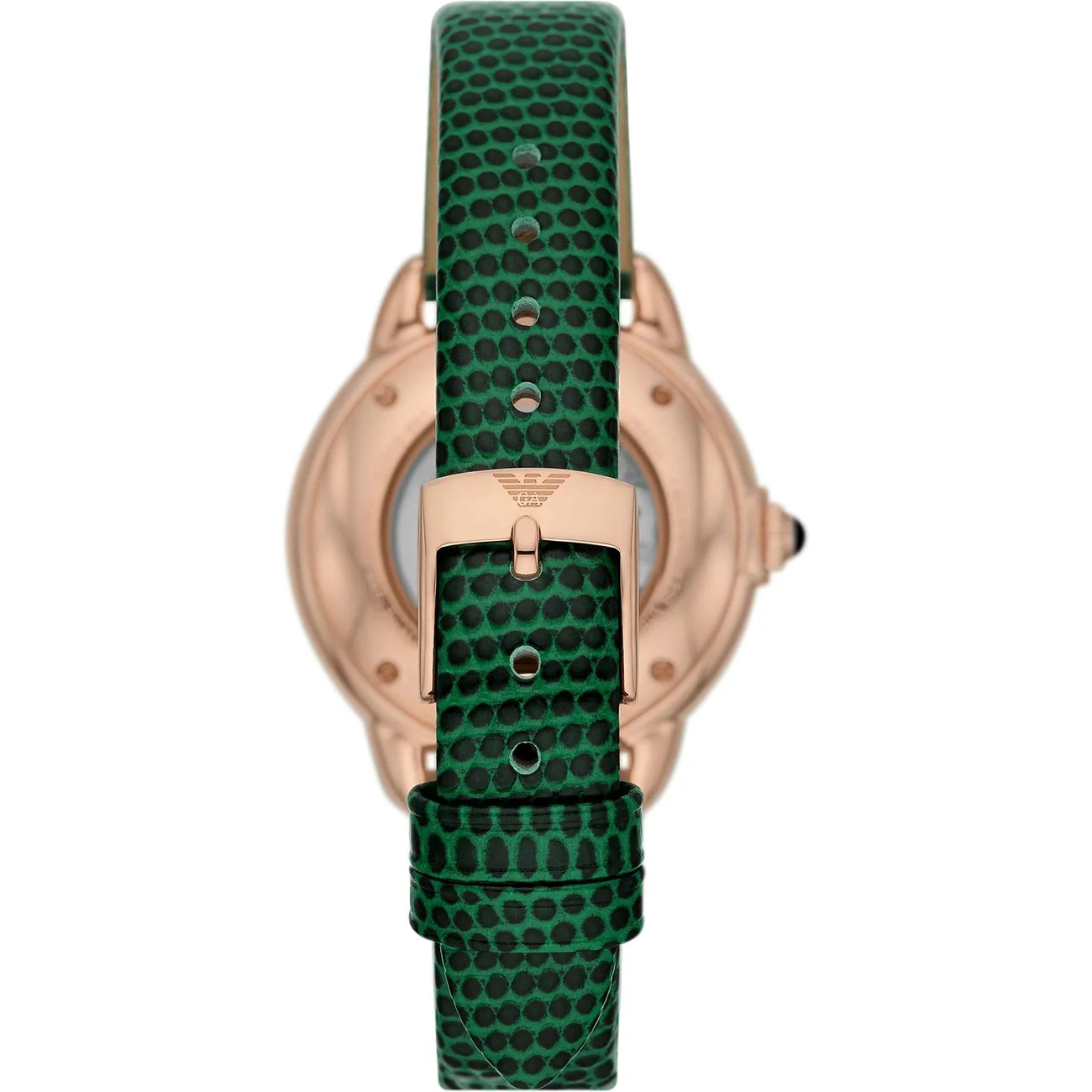 Emporio Armani AR60073 back view – engraved caseback and green leather strap with rose gold-tone buckle – premium craftsmanship by HEY WATCH.