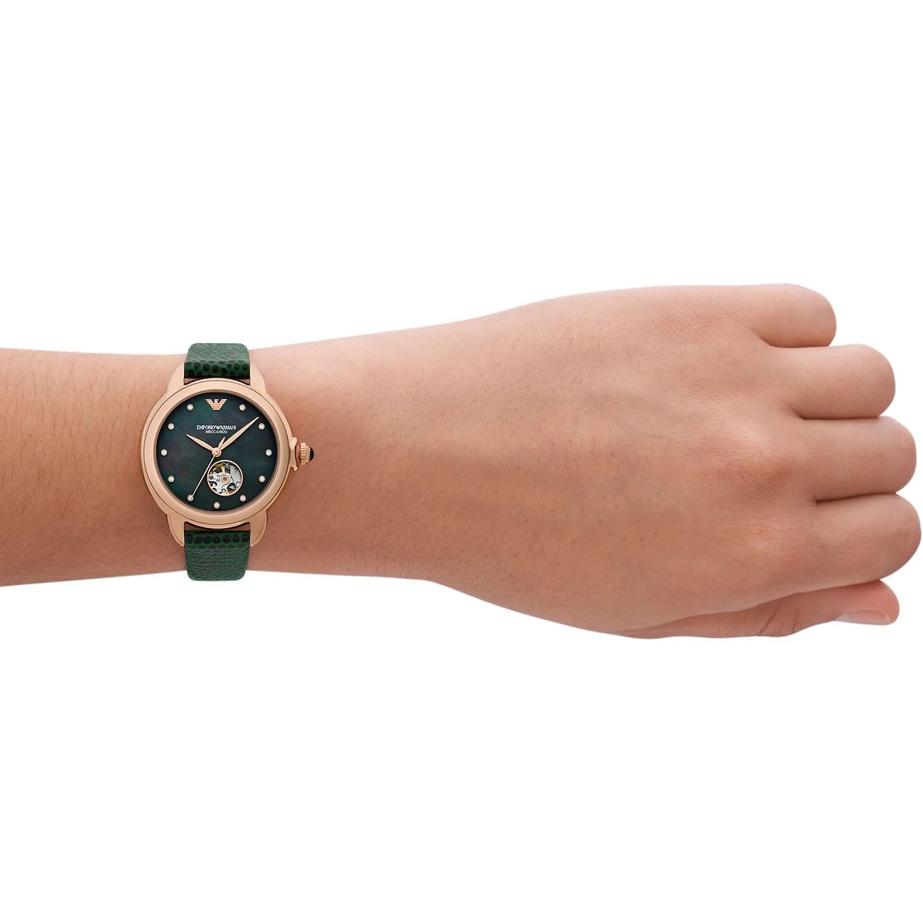 Emporio Armani AR60073 worn on wrist – black mother-of-pearl dial and green leather strap offering a versatile and stylish look – timeless women’s watch presented by HEY WATCH.