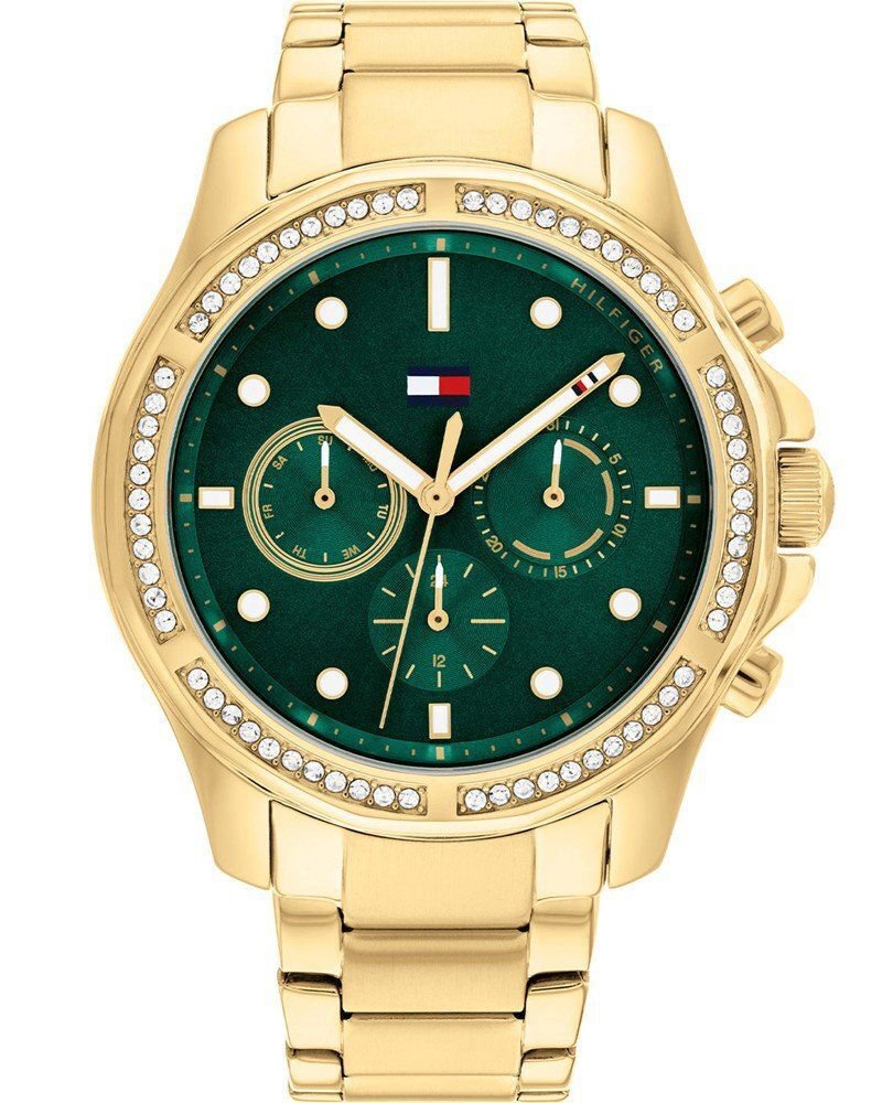 Tommy Hilfiger 1782614 front view – women’s gold-tone stainless steel watch with green dial and multifunction subdials – Brooklyn collection by HEY WATCH.