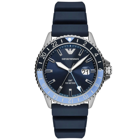Emporio Armani AR11592 men’s watch front view – blue sunray dial with silver-tone hands and markers, stainless steel case, and blue silicone strap – elegant design by HEY WATCH.