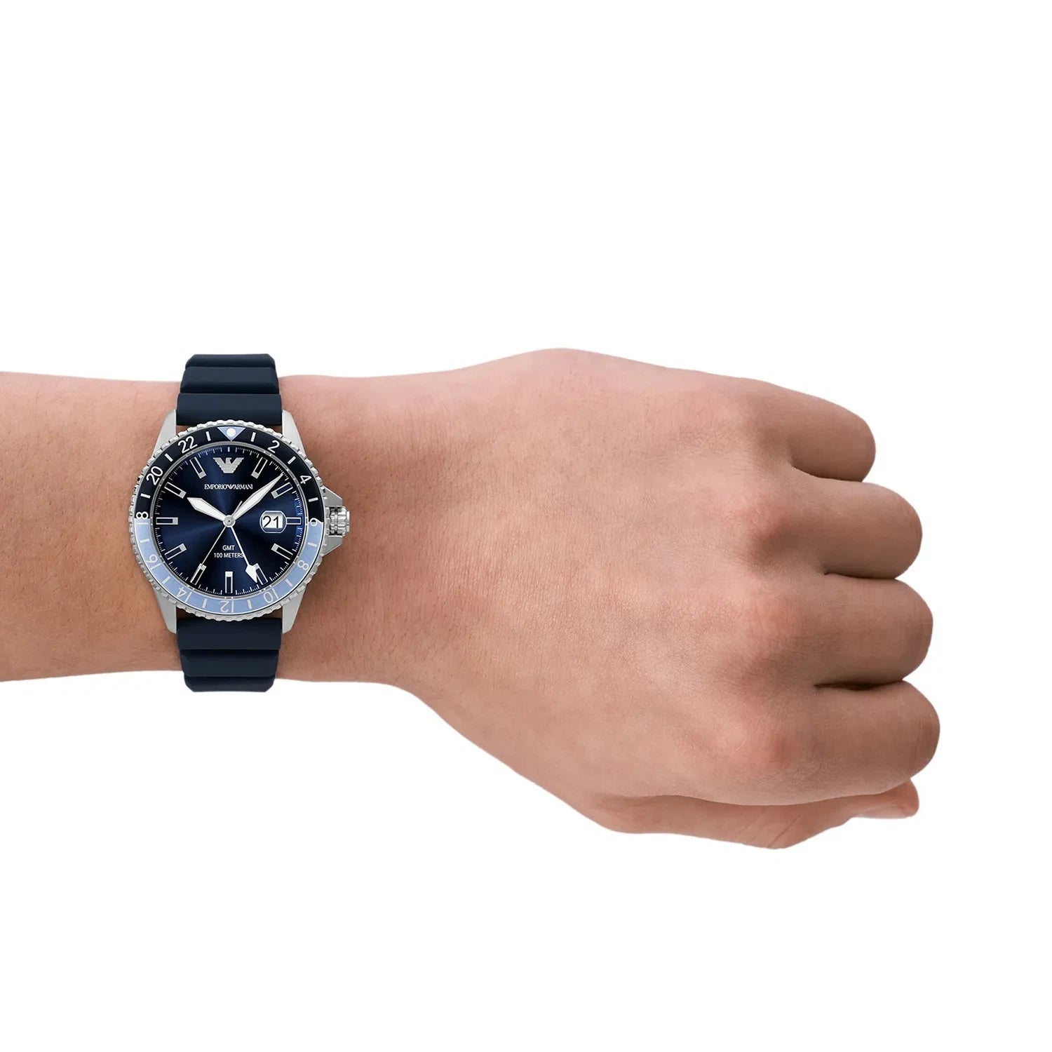 Emporio Armani AR11592 worn on wrist – blue sunray dial and blue silicone strap offering a versatile and stylish look – timeless men’s watch presented by HEY WATCH.