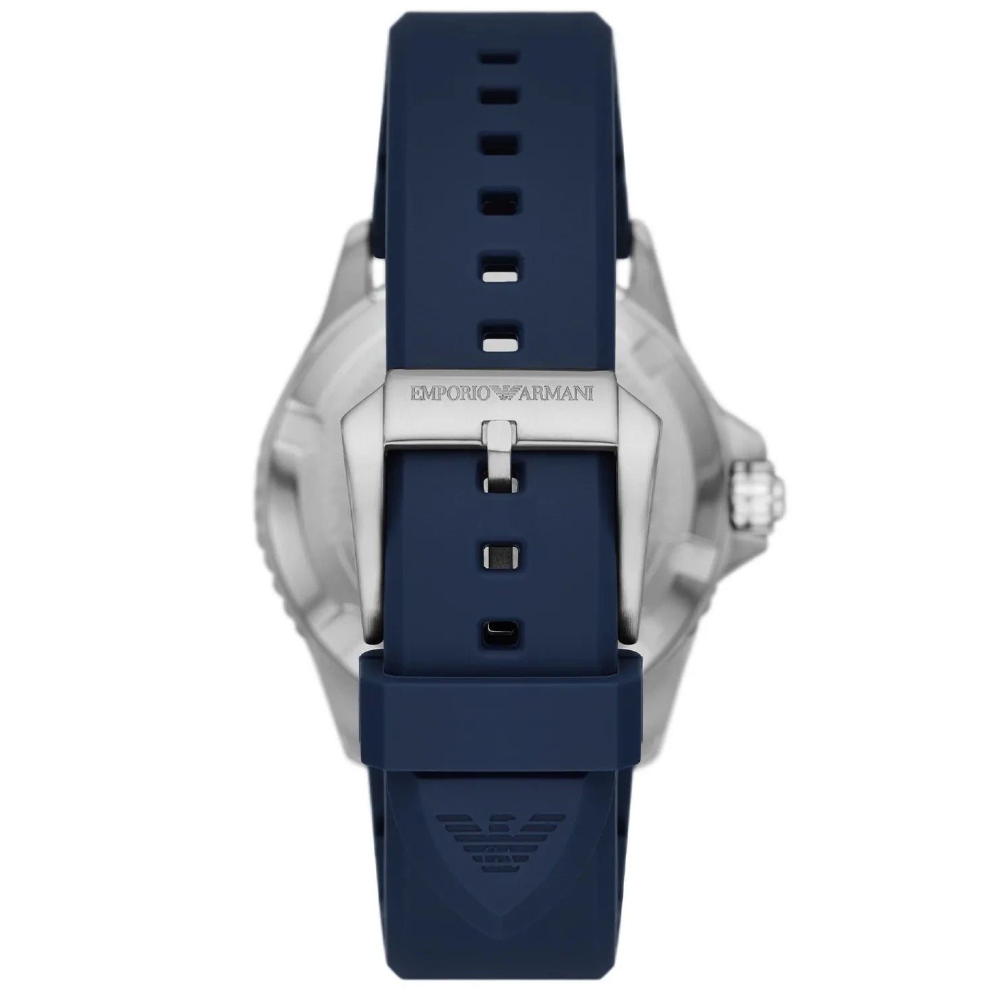 Emporio Armani AR11592 back view – engraved caseback and blue silicone strap with buckle clasp – premium craftsmanship by HEY WATCH.