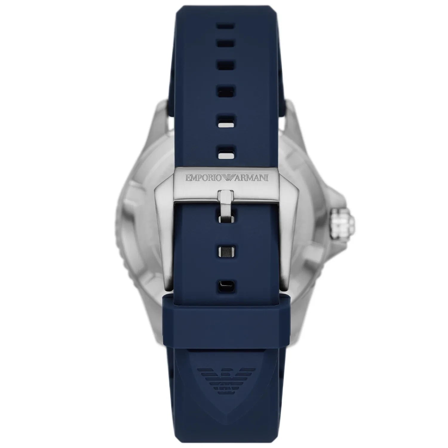 Emporio Armani AR11592 back view – engraved caseback and blue silicone strap with buckle clasp – premium craftsmanship by HEY WATCH.