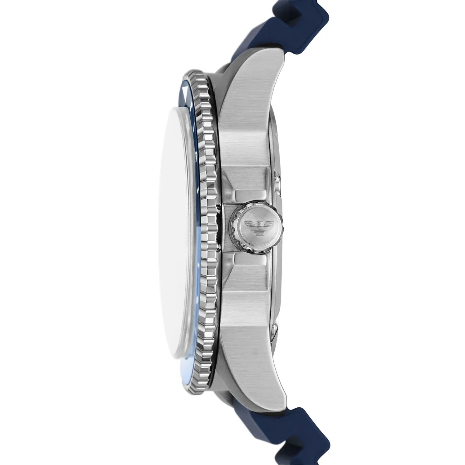 Emporio Armani AR11592 side profile – 12mm thick stainless steel case with textured crown – refined men’s timepiece available at HEY WATCH. ￼