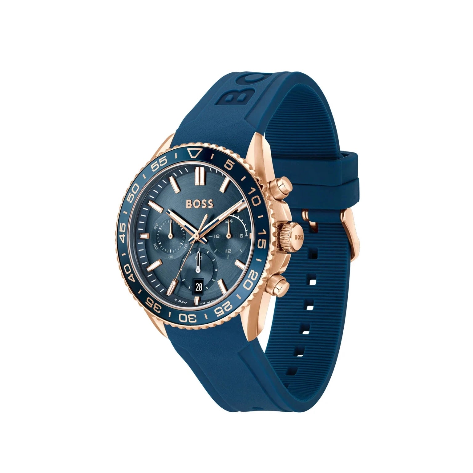 BOSS 1514169 angled view – sporty blue dial with gold-tone chronograph subdials and blue silicone band – dynamic men's watch by HEY WATCH