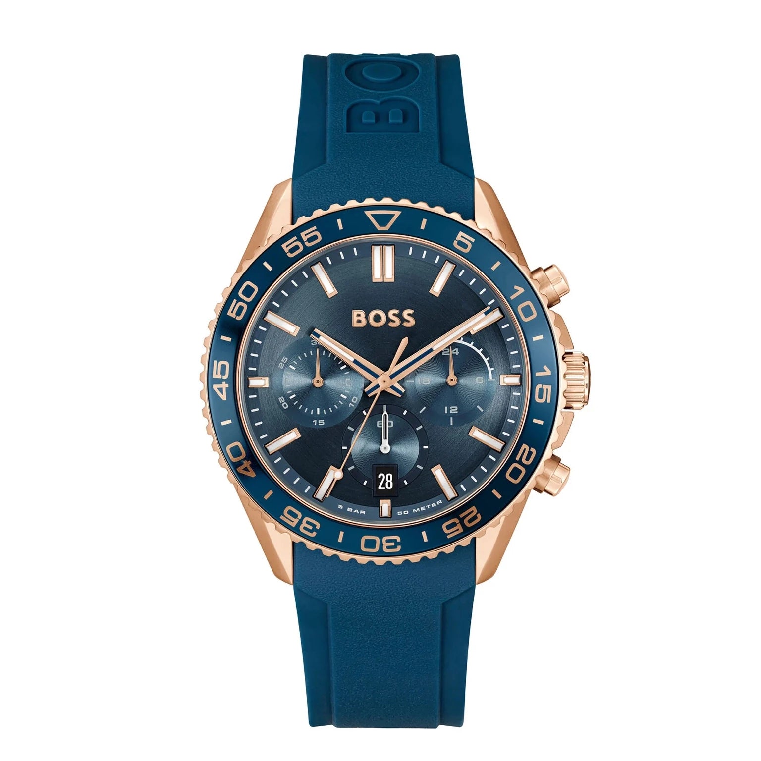 BOSS 1514169 front view – men's chronograph watch with blue dial, gold-tone stainless steel case, and blue silicone strap – bold modern design by HEY WATCH.