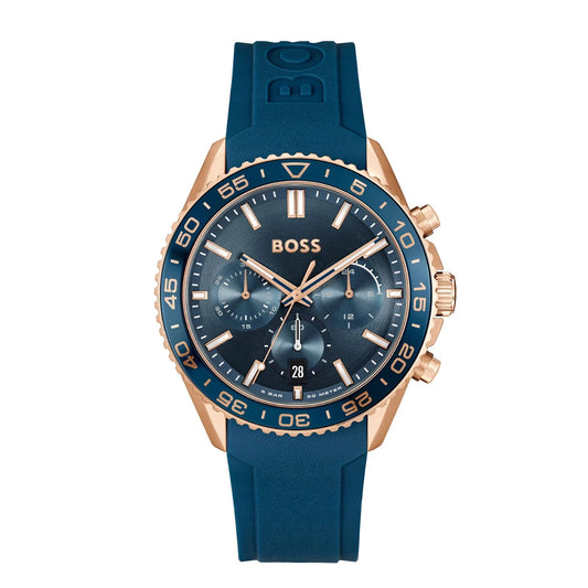 BOSS 1514169 front view – men's chronograph watch with blue dial, gold-tone stainless steel case, and blue silicone strap – bold modern design by HEY WATCH.