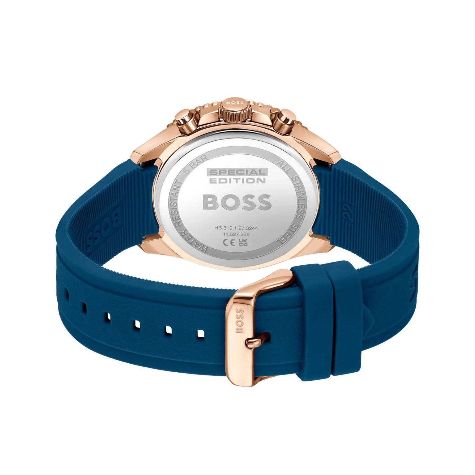 BOSS 1514169 back view – gold-tone stainless steel caseback and navy silicone strap with BOSS branding – stylish and durable finish by HEY WATCH.
