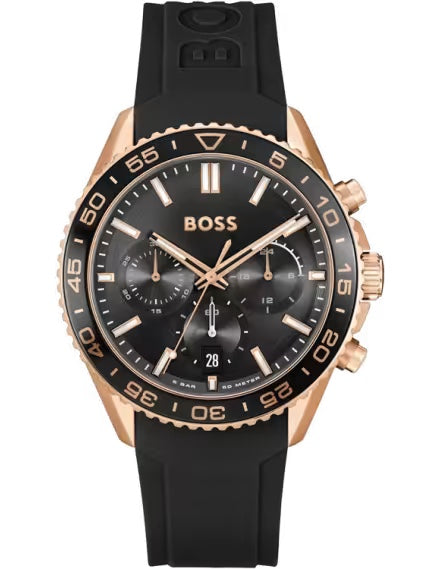 BOSS HB1514168 front view – men's chronograph watch with black dial, silver-tone stainless steel case and bracelet – modern elegance by HEY WATCH.