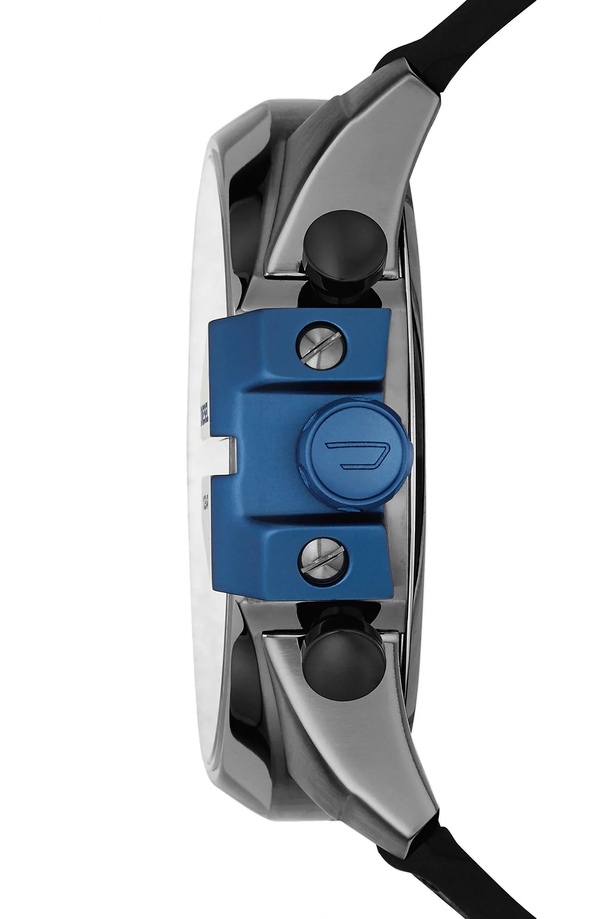 Diesel DZ4500 side profile – thick stainless steel case with prominent crown and pushers – masculine silhouette by HEY WATCH.