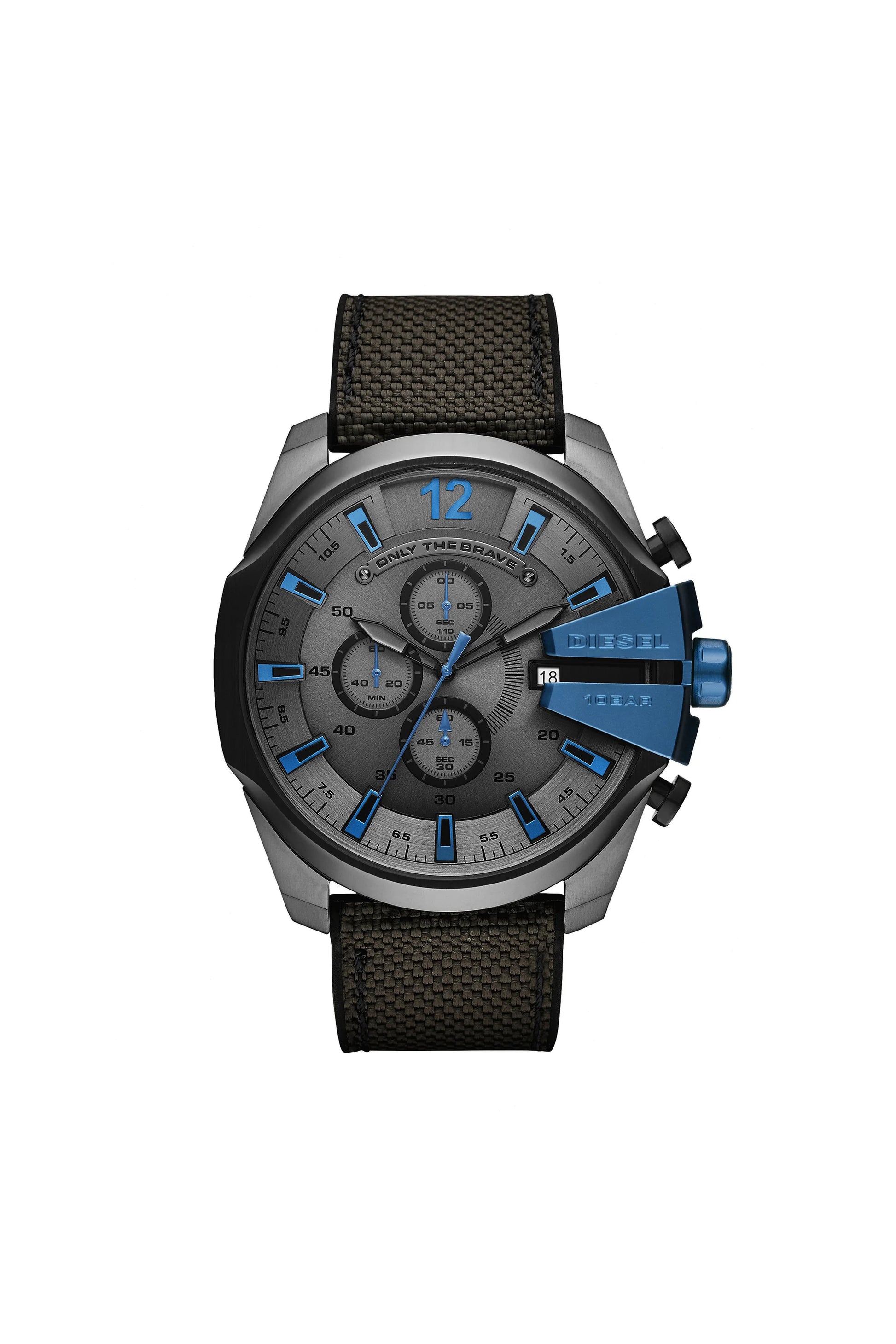 Diesel DZ4500 men's watch front view – bold black dial with red accents, oversized case, and stainless steel bracelet – dynamic style from HEY WATCH.
