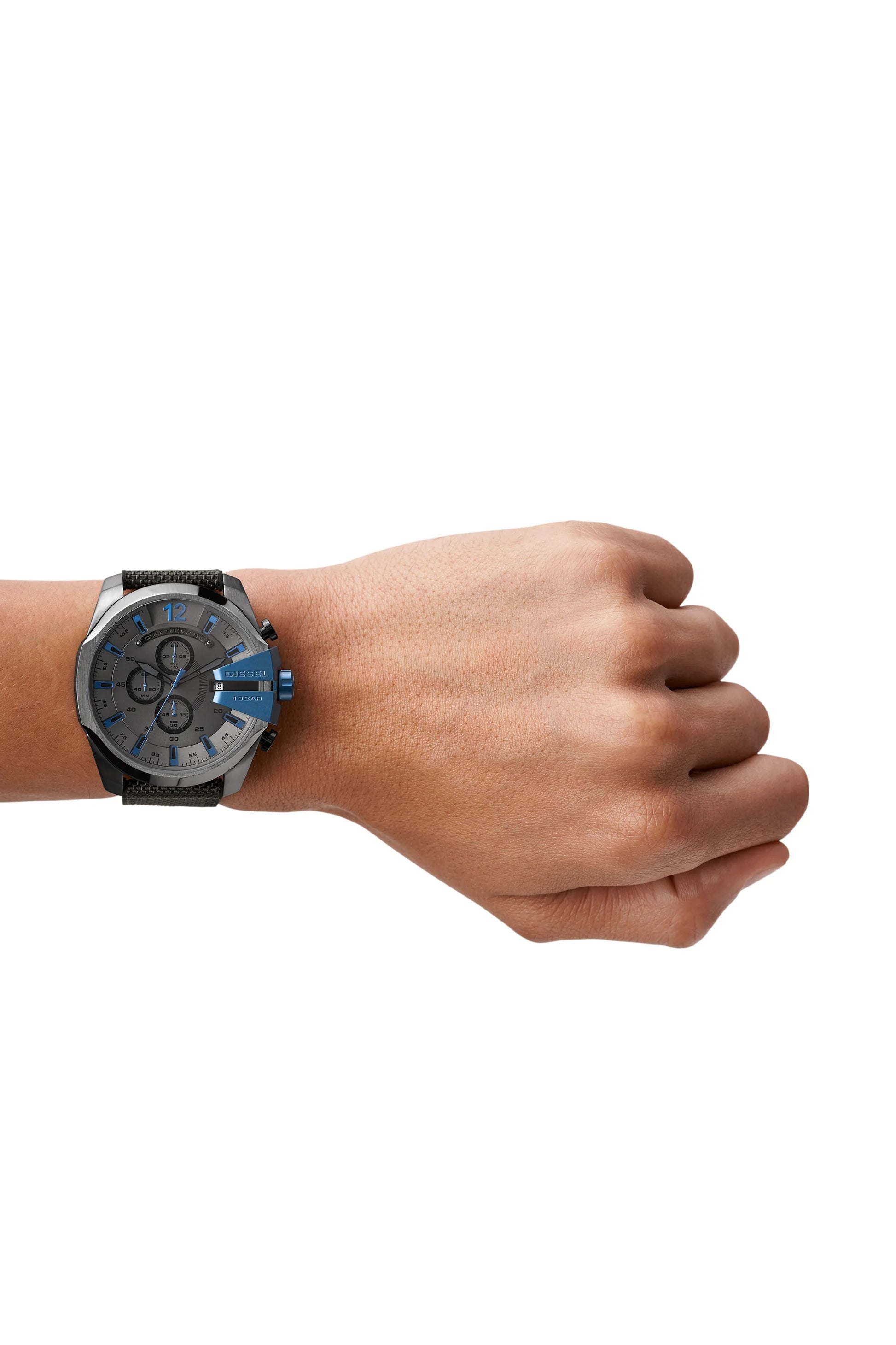 Diesel DZ4500 men's watch worn on wrist – bold black dial and sporty chronograph design – statement timepiece available at HEY WATCH.