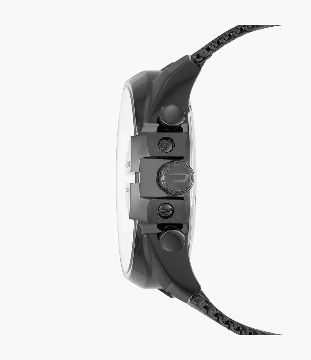 Diesel DZ4527 side profile – thick black stainless steel case and prominent crown design – rugged modern men's watch available at HEY WATCH.