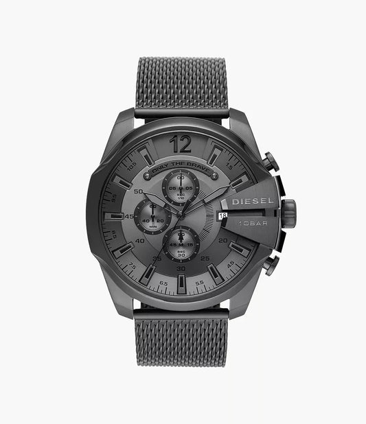 Diesel DZ4527 men's watch front view – oversized black dial with chronograph function and black stainless steel bracelet – bold industrial design by HEY WATCH.
