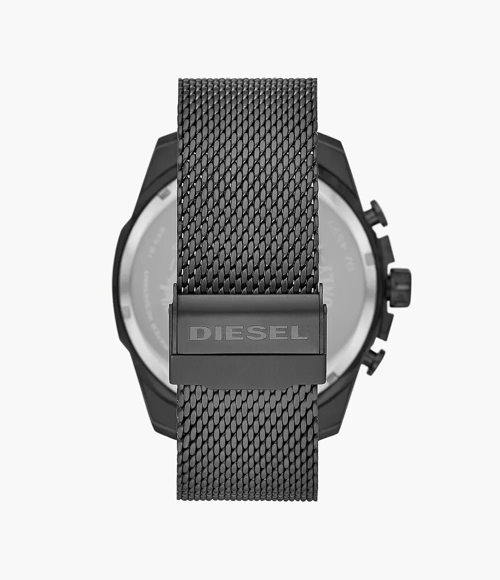 Diesel DZ4527 back view – black stainless steel bracelet with branded clasp and engraved caseback – Diesel men's watch presented by HEY WATCH.
