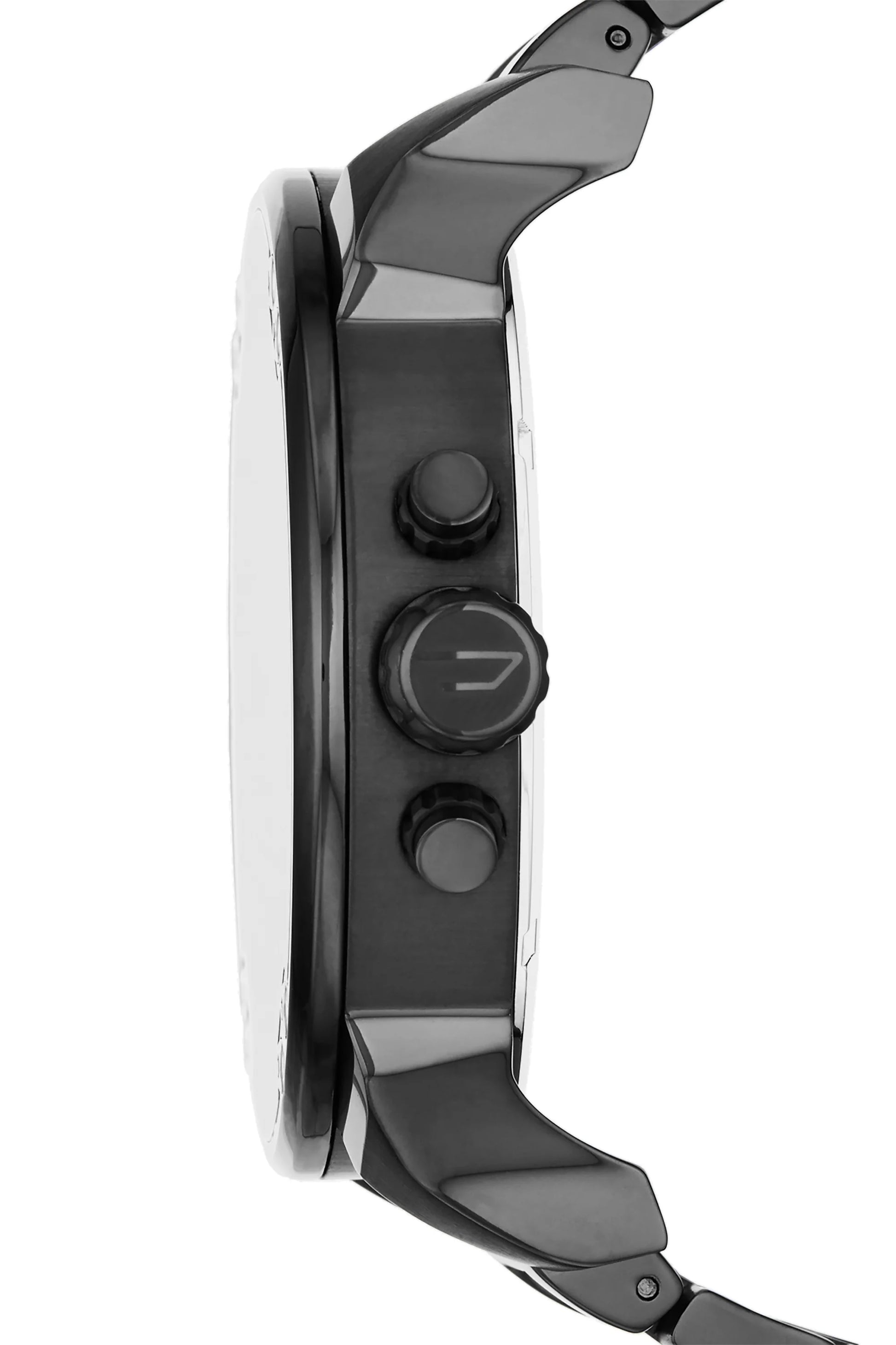 Diesel DZ7312 side profile – oversized stainless steel case with textured pushers and bold industrial crown – Diesel signature style at HEY WATCH.