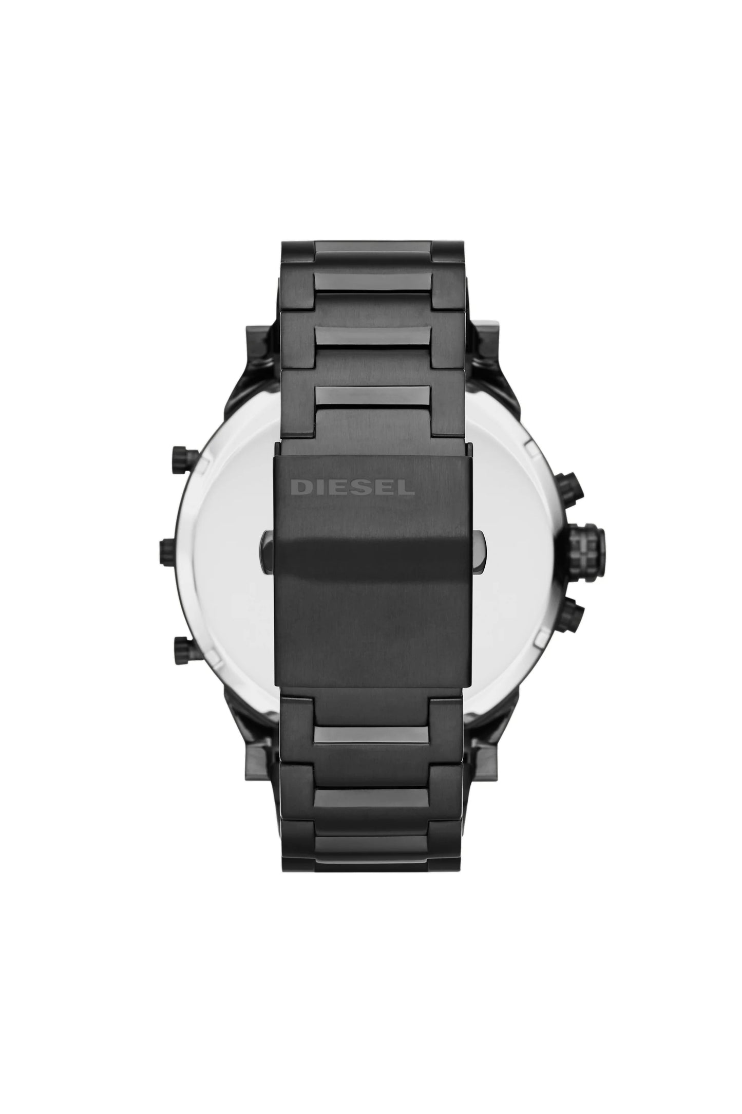 Diesel DZ7312 back view – engraved caseback with black stainless steel bracelet and Diesel branding – large-format men's watch from HEY WATCH.