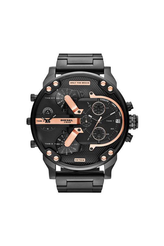 Diesel DZ7312 men's watch front view – extra-large black dial with multi-time zone chronograph layout – bold statement design by HEY WATCH.